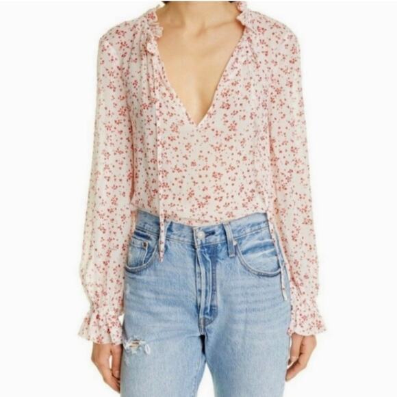 GANNI Georgette cream and red floral sheer ruffle trim top size 40 or US Large - Picture 1 of 16